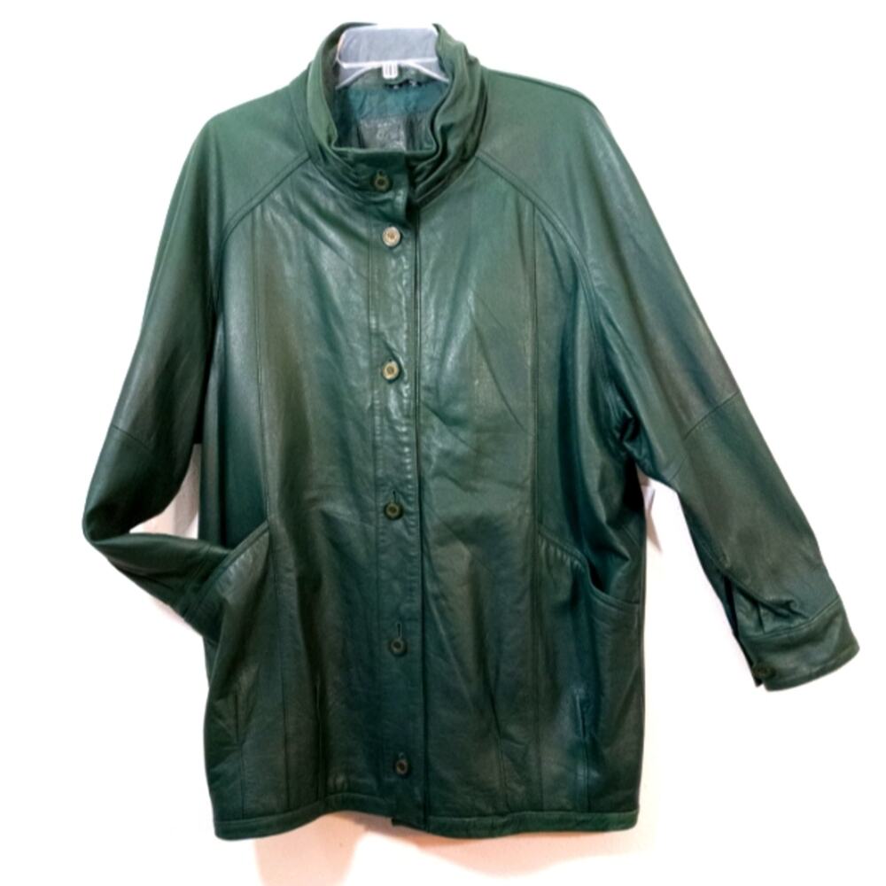 Vintage 80s forest green leather coat Jacqueline Ferrar jacket M